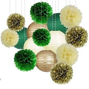 Party Deco 15PCS Green/Gold/Cream.Hanging Paper Lanterns & Pom Poms for any occ
